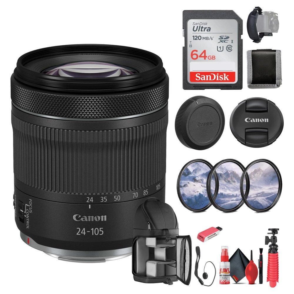 Canon RF 24-105mm f/4-7.1 is STM Lens (4111C002) + 64GB Memory Card + Filter Kit + Backpack + Card Reader + Flex Tripod + Memory Wallet + Cap Keeper + Cleaning Kit + Hand Strap (Renewed)