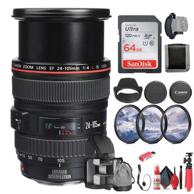 Canon EF 24-105mm f/4L is USM Lens (0344B002) + 64GB Memory Card + Filter Kit + Backpack + Card Reader + Flex Tripod + Memory Wallet + Cap Keeper + Cleaning Kit + Hand Strap (Renewed)