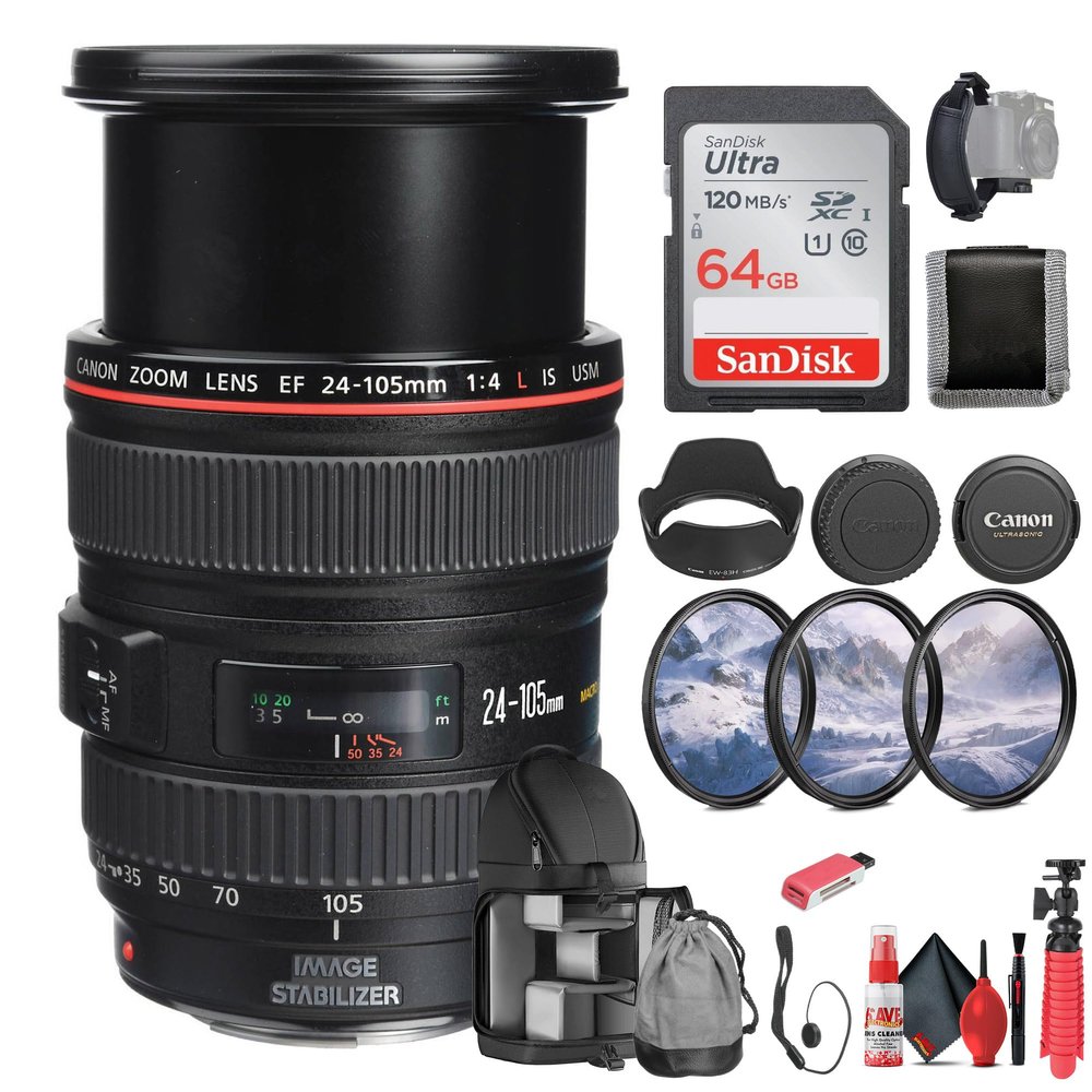 Canon EF 24-105mm f/4L is USM Lens (0344B002) + 64GB Memory Card + Filter Kit + Backpack + Card Reader + Flex Tripod + Memory Wallet + Cap Keeper + Cleaning Kit + Hand Strap (Renewed)
