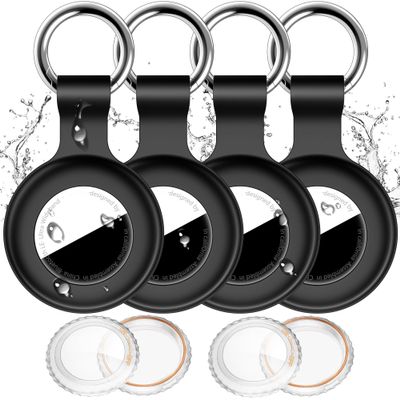 Compatible with Apple Airtag Holder with Keychain,IPX8 Waterproof GPS Cover for Air-Tags Shockproof [Anti-Scratch] Item Finders Case for Pets,Bags,Kids,Luggage,Keys-4*Black
