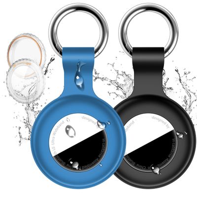 2 Pack Compatible with Apple Airtag Holder with Keychain,IPX8 Waterproof GPS Cover for Air-Tags Shockproof [Anti-Scratch] Item Finders Case for Pets,Kids,Luggage-Black+Blue