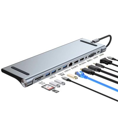 12 in 1 Triple Display USB C Hub Docking Station with Dual 4K HD 1080P VGA 100W Power Delivery SD TF Card Reader Adapter for Laptop