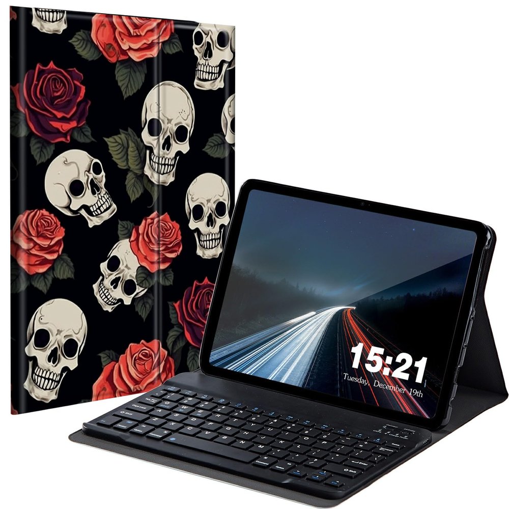 BREIDMKFM Keyboard Case for Samsung Galaxy Tab S6 Lite 2022/2020, Galaxy Tab S6 Lite SM-P610/P613/P615/P619 Tablet Cover with Detachable Wireless Bluetooth Keyboard, Skull Red Roses