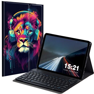 BREIDMKFM Keyboard Case for Samsung Galaxy Tab A8 10.5 Inch SM-X200/X205/X207, Galaxy Tab A8 2022 Smart Tablet Cover with Detachable Wireless Bluetooth Keyboard, Lion Wearing Headphones