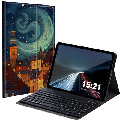 BREIDMKFM Keyboard Case for Samsung Galaxy Tab S6 Lite 2022/2020, Galaxy Tab S6 Lite SM-P610/P613/P615/P619 Tablet Cover with Detachable Wireless Bluetooth Keyboard, Starry Night City