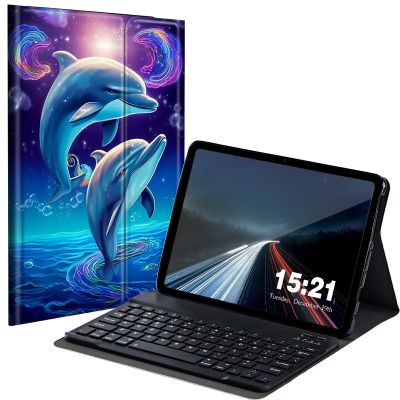 BREIDMKFM Keyboard Case for Samsung Galaxy Tab A8 10.5 Inch SM-X200/X205/X207, Galaxy Tab A8 2022 Smart Tablet Cover with Detachable Wireless Bluetooth Keyboard, Two Dolphins