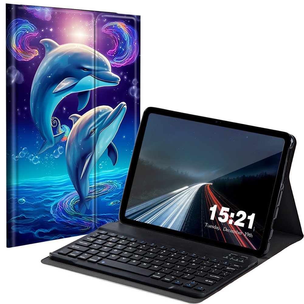 BREIDMKFM Keyboard Case for Samsung Galaxy Tab A8 10.5 Inch SM-X200/X205/X207, Galaxy Tab A8 2022 Smart Tablet Cover with Detachable Wireless Bluetooth Keyboard, Two Dolphins