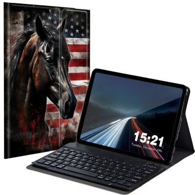BREIDMKFM Keyboard Case for Samsung Galaxy Tab S6 Lite 2022/2020, Galaxy Tab S6 Lite SM-P610/P613/P615/P619 Tablet Cover with Detachable Wireless Bluetooth Keyboard, Horse American Flag