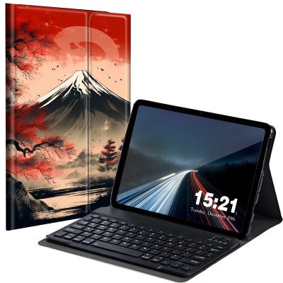 BREIDMKFM Keyboard Case for Samsung Galaxy Tab A8 10.5 Inch SM-X200/X205/X207, Galaxy Tab A8 2022 Smart Tablet Cover with Detachable Wireless Bluetooth Keyboard, Red Japanese Hills