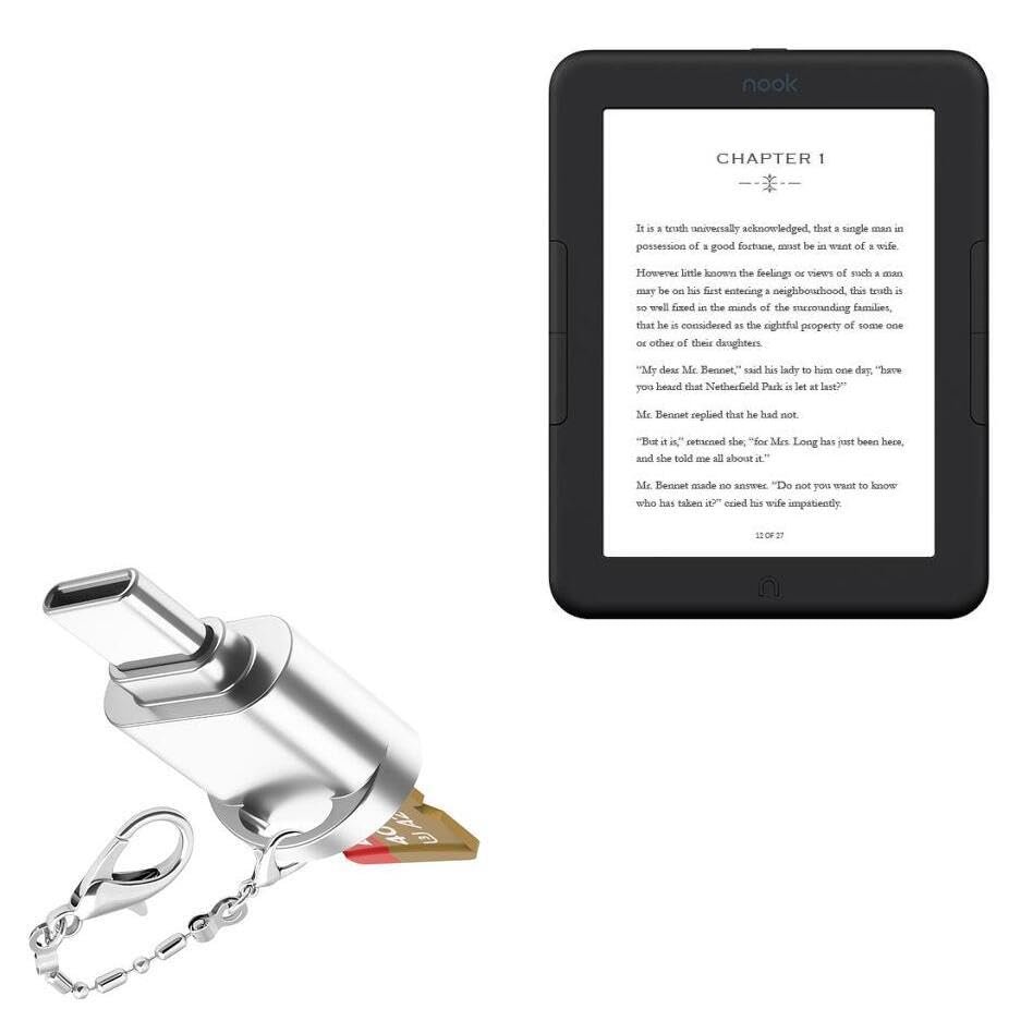 BoxWave Adapter Compatible with Barnes & Noble Nook GlowLight 4e - Micro SD Card miniReader, USB Type-C OTG Reader USB3.0 Adapter Keychain - Metallic Silver