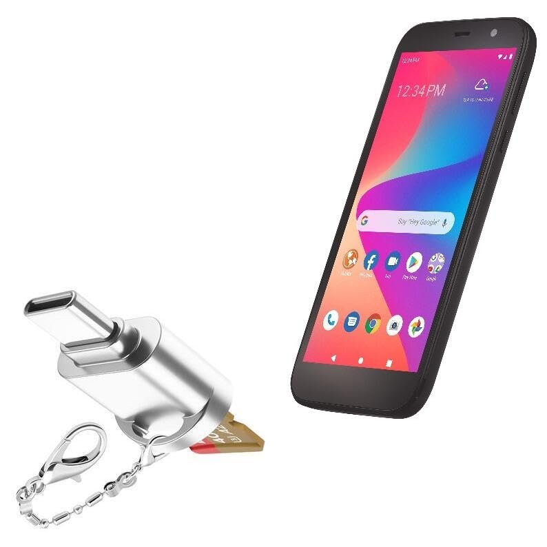 BoxWave Adapter Compatible with BLU View 2 - Micro SD Card miniReader, USB Type-C OTG Reader USB3.0 Adapter Keychain - Metallic Silver