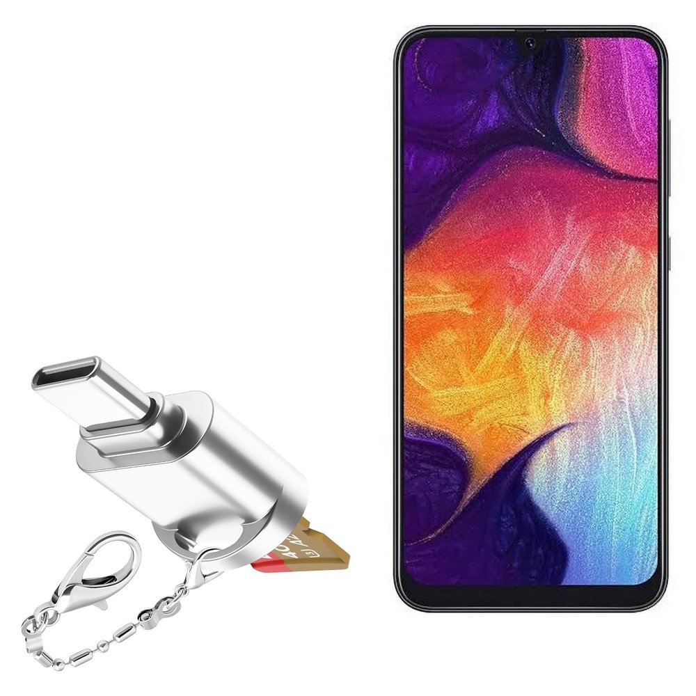 BoxWave Adapter Compatible with Samsung Galaxy A50 - Micro SD Card miniReader, USB Type-C OTG Reader USB3.0 Adapter Keychain - Metallic Silver