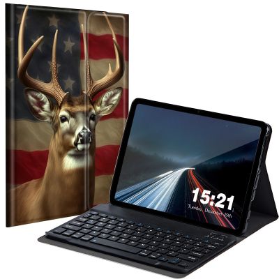 BREIDMKFM Keyboard Case for Samsung Galaxy Tab A 10.1 2019, Galaxy Tab A 10.1 SM-T510/SM-T515/SM-T517 Smart Tablet Cover with Detachable Wireless Bluetooth Keyboard, Deer American Flag