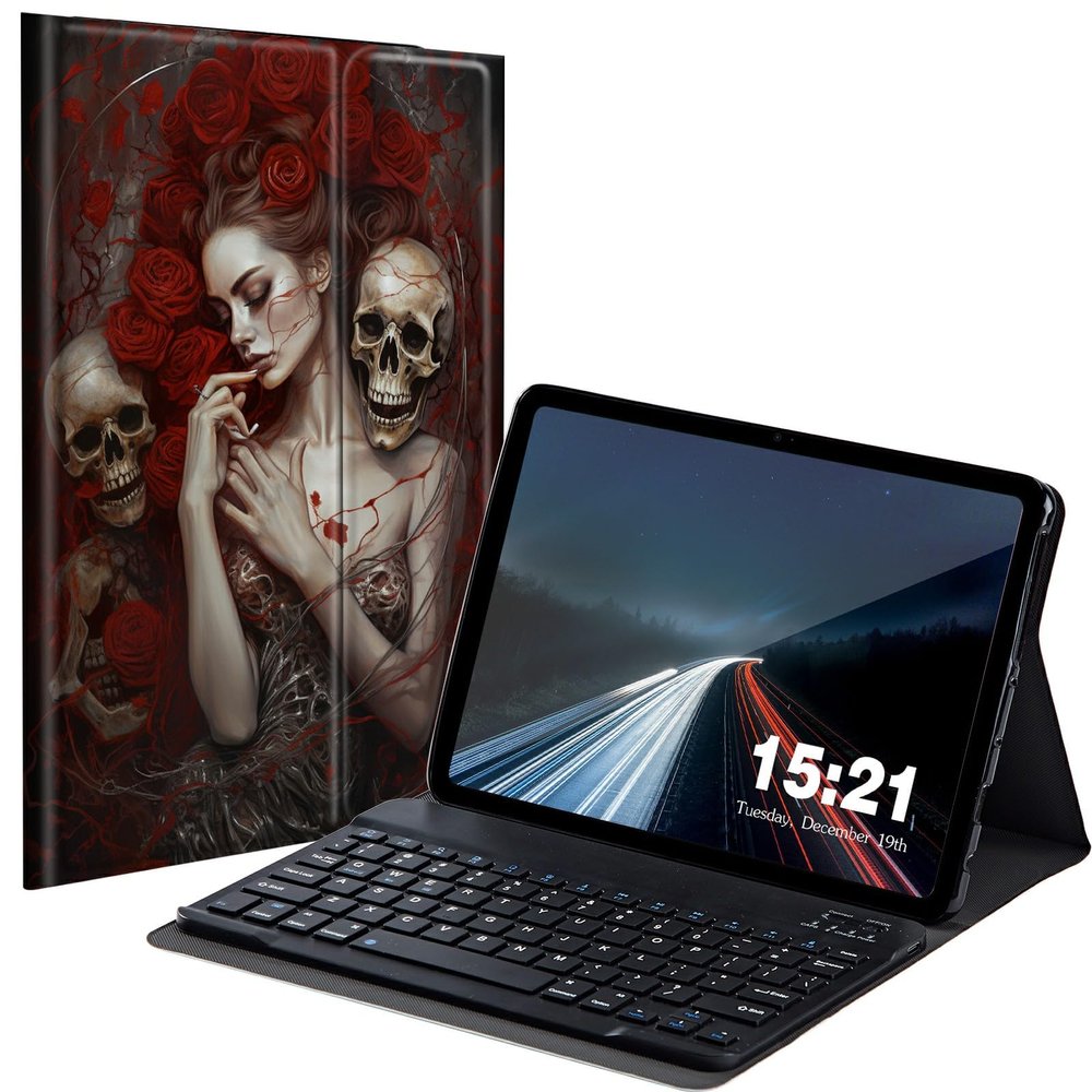 BREIDMKFM Keyboard Case for Samsung Galaxy Tab A 10.1 2019, Galaxy Tab A 10.1 SM-T510/SM-T515/SM-T517 Smart Tablet Cover with Detachable Wireless Bluetooth Keyboard, Rose Girl in Love with Skelet