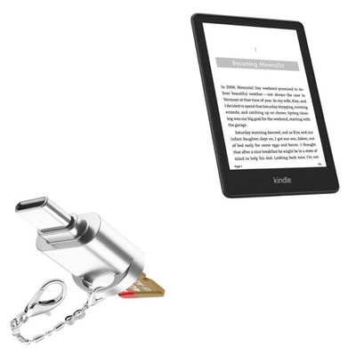BoxWave Adapter Compatible with Amazon Kindle Paperwhite (5th Gen 2021) - Micro SD Card miniReader, USB Type-C OTG Reader USB3.0 Adapter Keychain - Metallic Silver