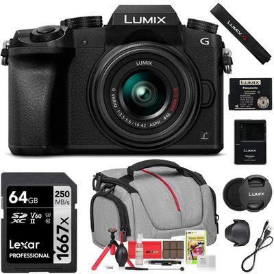 Panasonic LUMIX G7 Interchangeable Lens 4K Ultra HD DSLM Camera (Black) with 14-42mm Lens Bundle with Deco Gear Camera Bag and Accessories and Lexar 64GB SDXC Memory Card