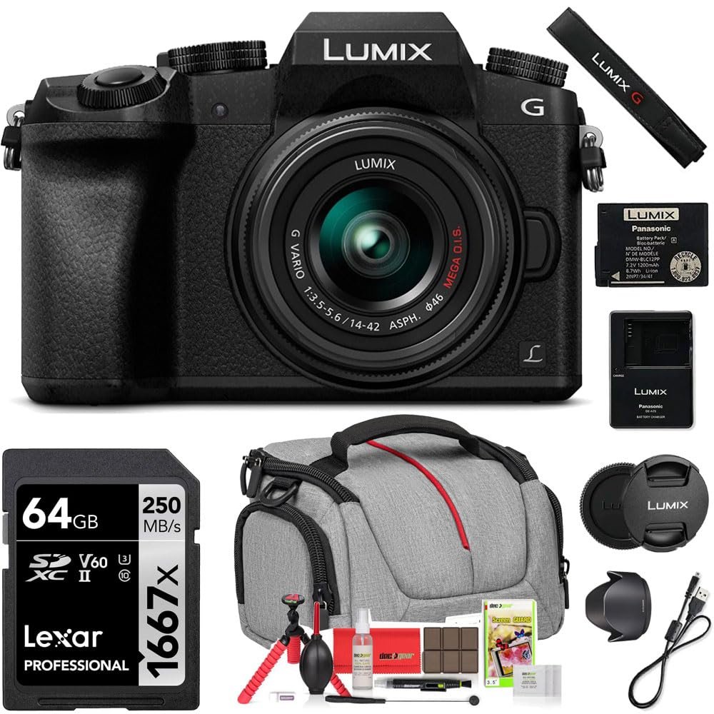 Panasonic LUMIX G7 Interchangeable Lens 4K Ultra HD DSLM Camera (Black) with 14-42mm Lens Bundle with Deco Gear Camera Bag and Accessories and Lexar 64GB SDXC Memory Card