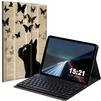 BREIDMKFM Keyboard Case for Samsung Galaxy Tab A 10.1 2019, Galaxy Tab A 10.1 SM-T510/SM-T515/SM-T517 Smart Tablet Cover with Detachable Wireless Bluetooth Keyboard, Cat Butterflies Flying