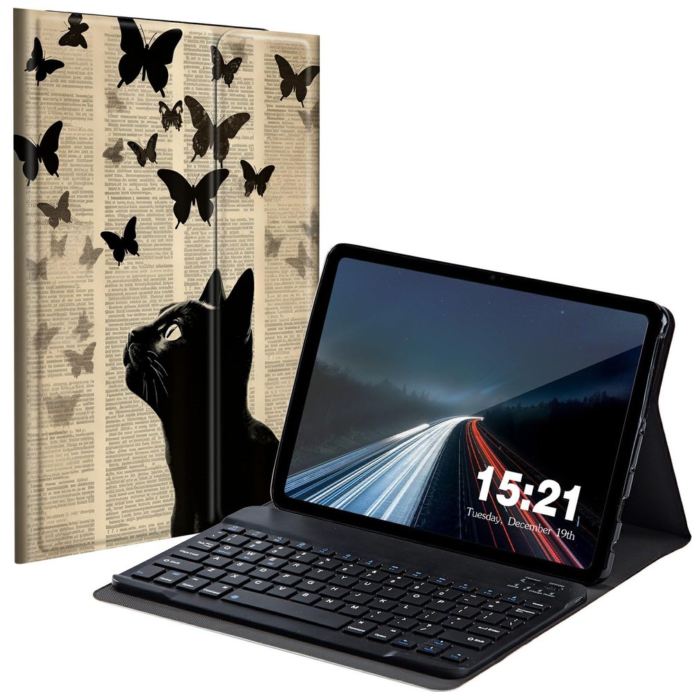 BREIDMKFM Keyboard Case for Samsung Galaxy Tab A 10.1 2019, Galaxy Tab A 10.1 SM-T510/SM-T515/SM-T517 Smart Tablet Cover with Detachable Wireless Bluetooth Keyboard, Cat Butterflies Flying