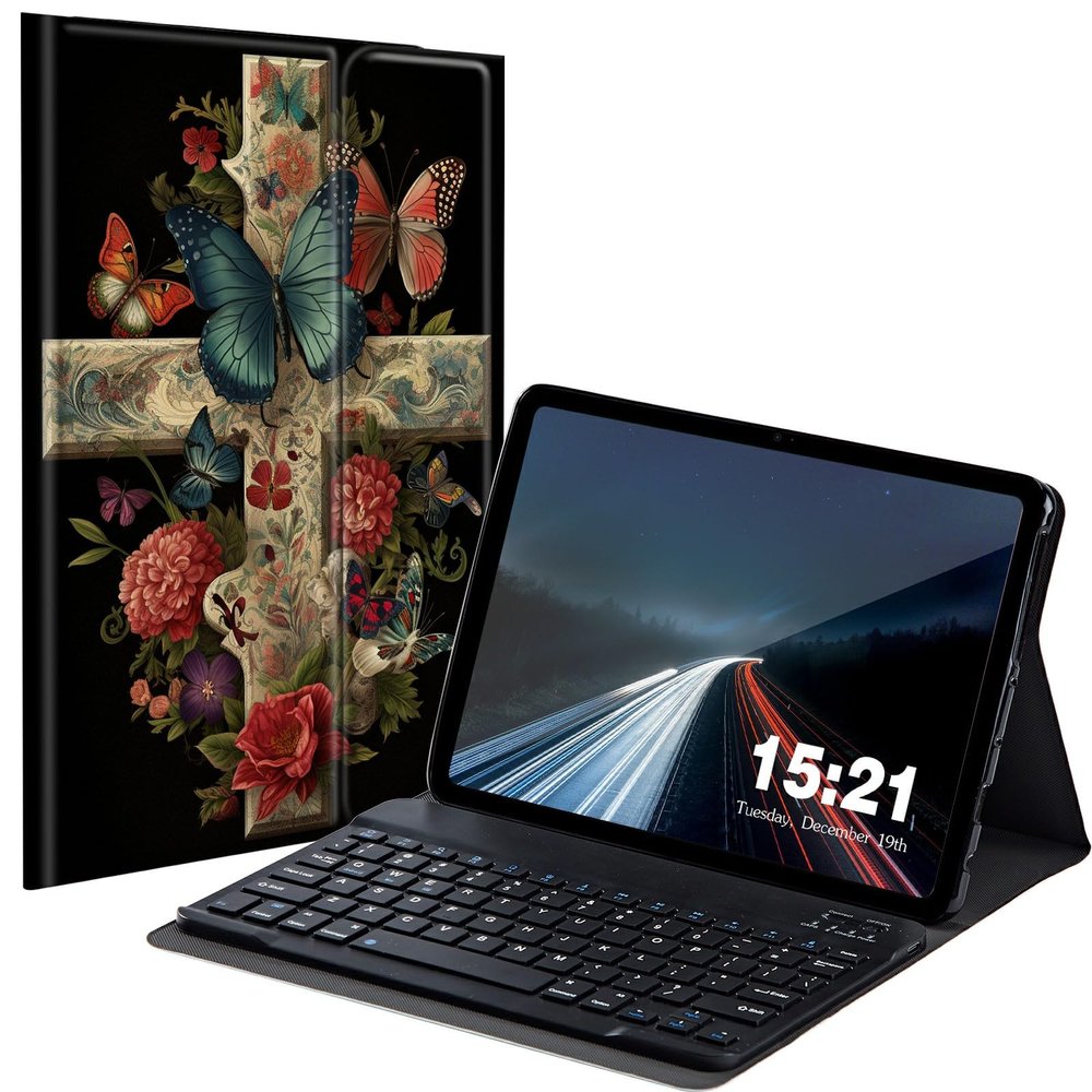 BREIDMKFM Keyboard Case for Samsung Galaxy Tab A 10.1 2019, Galaxy Tab A 10.1 SM-T510/SM-T515/SM-T517 Smart Tablet Cover with Detachable Wireless Bluetooth Keyboard, Butterfly Cross
