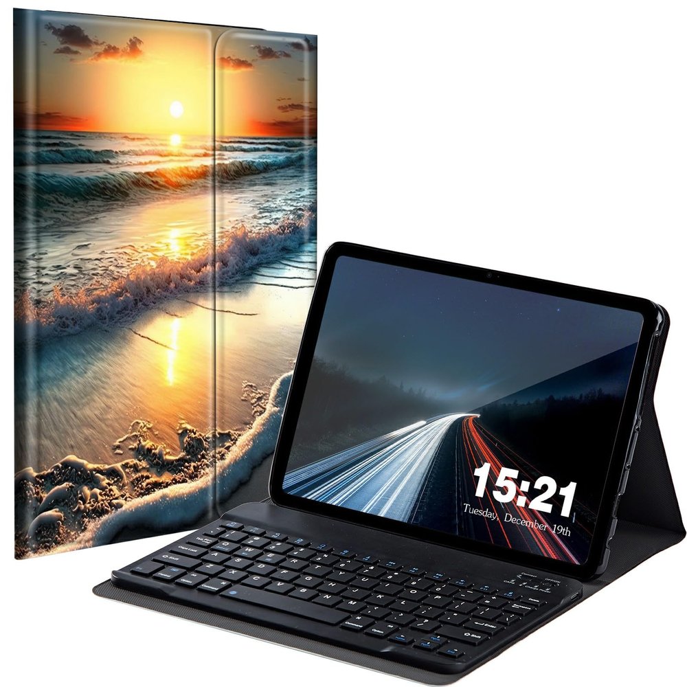 BREIDMKFM Keyboard Case for Samsung Galaxy Tab A 10.1 2019, Galaxy Tab A 10.1 SM-T510/SM-T515/SM-T517 Smart Tablet Cover with Detachable Wireless Bluetooth Keyboard, Beach Sunset