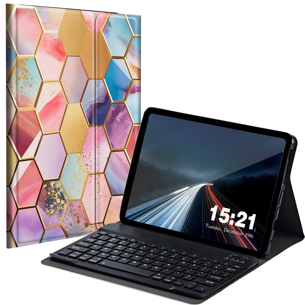 BREIDMKFM Keyboard Case for Samsung Galaxy Tab A 10.1 2019, Galaxy Tab A 10.1 SM-T510/SM-T515/SM-T517 Smart Tablet Cover with Detachable Wireless Bluetooth Keyboard, Colorful Hexagons