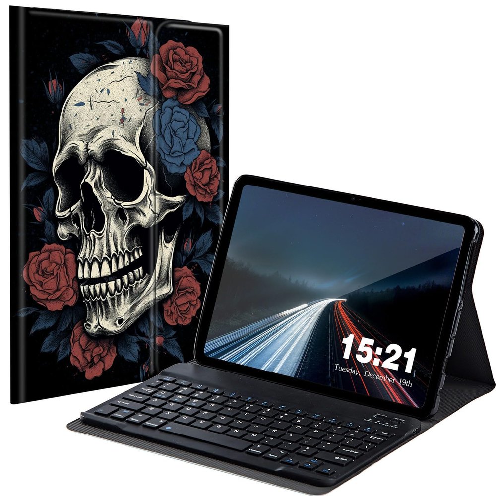 BREIDMKFM Keyboard Case for Samsung Galaxy Tab A7 Lite 8.7 inch 2021, Galaxy Tab A7 Lite SM-T220/ T225/ T227 Tablet Cover with Detachable Wireless Bluetooth Keyboard, Blue Red Rose Skull