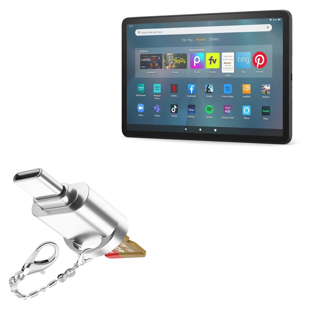 BoxWave Adapter Compatible with Amazon Fire Max 11 (2023, 13th Gen) - Micro SD Card miniReader, USB Type-C OTG Reader USB3.0 Adapter Keychain - Metallic Silver