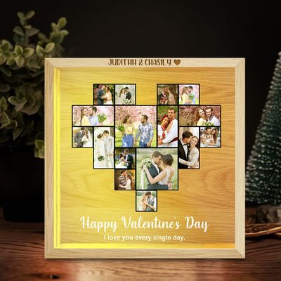 Personalized Couple Picture Frame Light Box with 15 Photos Heart Photo Collage Shadow Box Customized Couple Name Wood Lights I Love You Every Single Day Memory Frame for Lover Wife Girlfirend