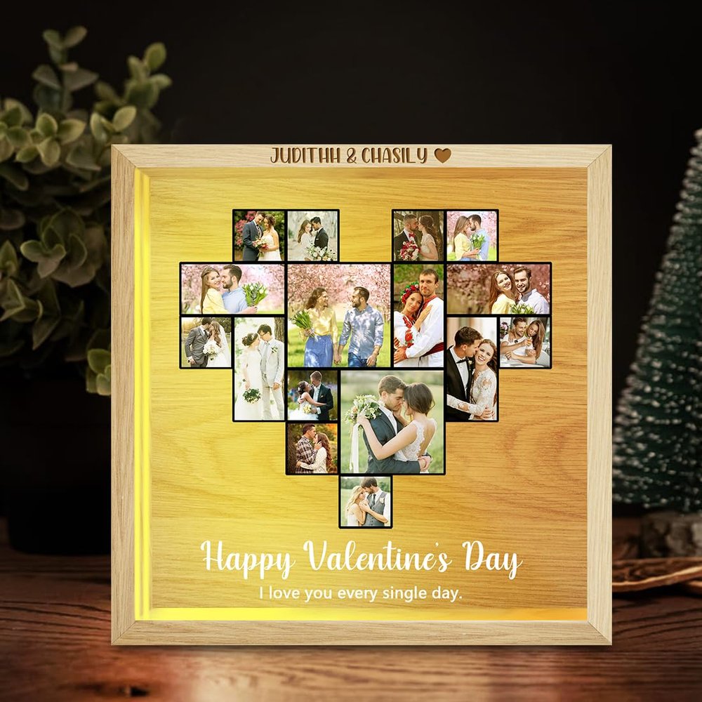 Personalized Couple Picture Frame Light Box with 15 Photos Heart Photo Collage Shadow Box Customized Couple Name Wood Lights I Love You Every Single Day Memory Frame for Lover Wife Girlfirend