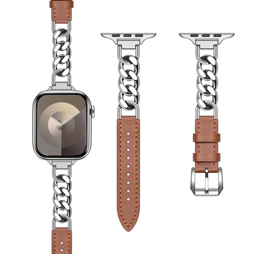 Juntan Leather Watch Band with Metal Chain Compatible for Apple Watch 38mm 40mm 41mm 42mm 44mm 45mm 49mm (42mm/44mm/45mm/49mm, Brown+Silver)