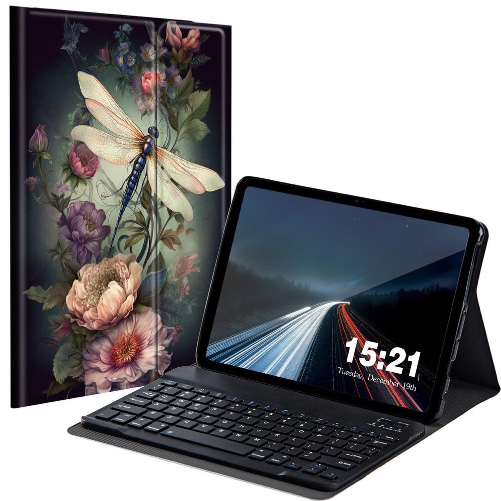 BREIDMKFM Keyboard Case for Kindle Fire HD 10 & 10 Plus Tablet (13th/11th Gen, 2023/2021 Release) 10.1", Smart Tablet Cover with Detachable Wireless Bluetooth Keyboard, Dragonfly Peony