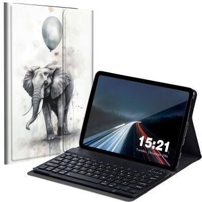 BREIDMKFM Keyboard Case for Kindle Fire HD 10 & 10 Plus Tablet (13th/11th Gen, 2023/2021 Release) 10.1", Smart Tablet Cover with Detachable Wireless Bluetooth Keyboard, Elephant Holding Balloon