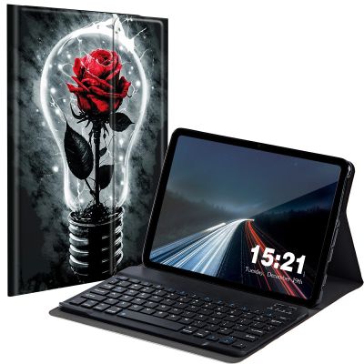 BREIDMKFM Keyboard Case for Kindle Fire HD 10 & 10 Plus Tablet (13th/11th Gen, 2023/2021 Release) 10.1", Smart Tablet Cover with Detachable Wireless Bluetooth Keyboard, Red Rose in Light Bulb