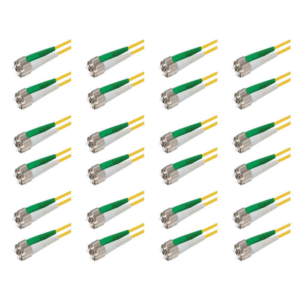 SpeedyFiberTX 12-Pack 12 Meter FC/A to FC/A Fiber Optic Patch Cable, Green and White Boots, Corning SMF-28 Ultra Single-Mode 9/125um Optical Fiber, Duplex Yellow Riser OFNR Cable Jacket