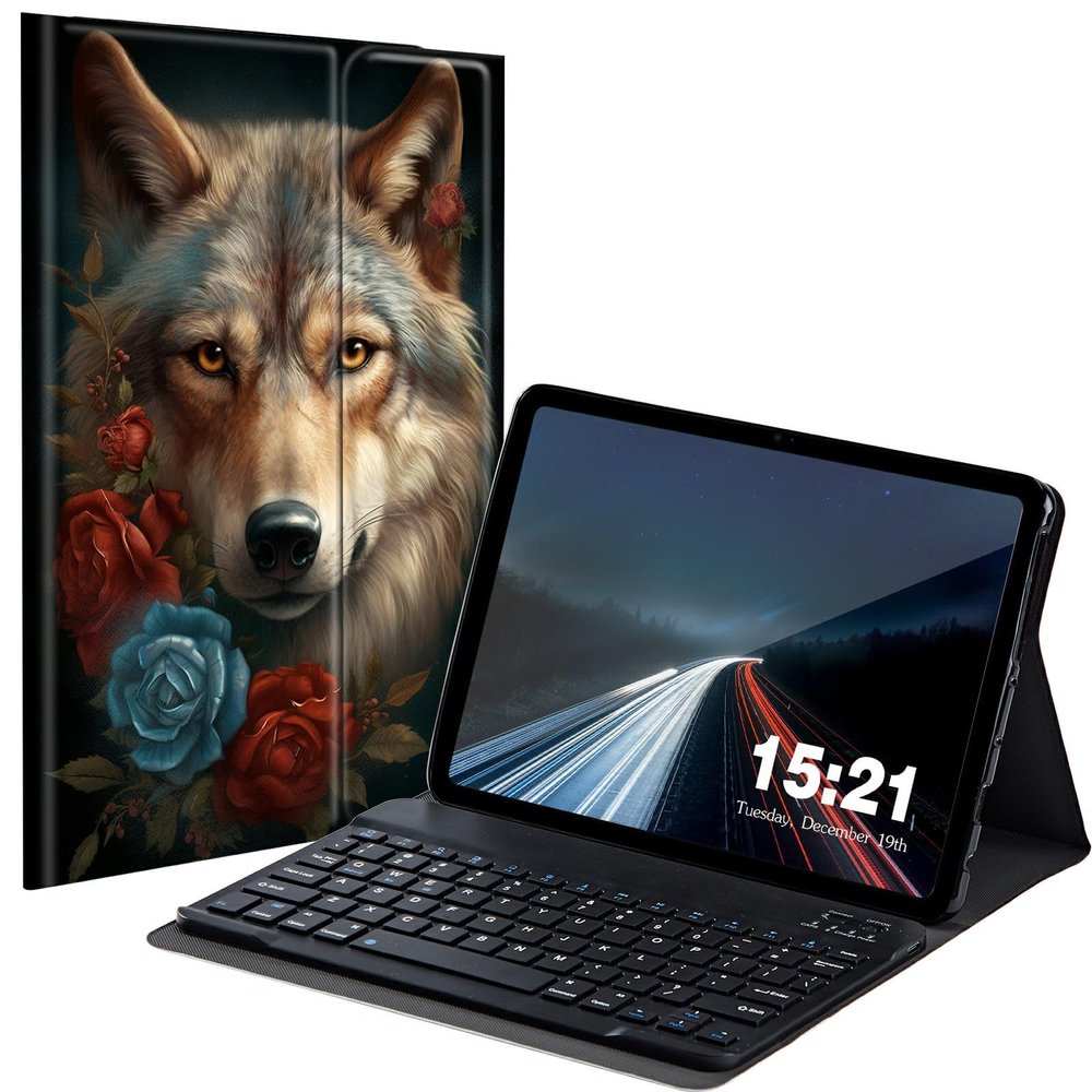 BREIDMKFM Keyboard Case for Kindle Fire Max 11 Case (13th Generation, 2023 Release) 11", Fire Max 11 2023 Tablet Cover with Detachable Wireless Bluetooth Keyboard, Blue Red Rose Wolf