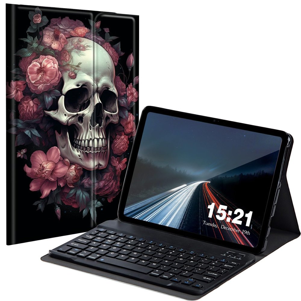 BREIDMKFM Keyboard Case for Kindle Fire Max 11 Case (13th Generation, 2023 Release) 11", Fire Max 11 2023 Tablet Cover with Detachable Wireless Bluetooth Keyboard, Pink Peony Skull