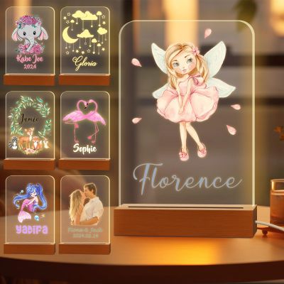 Greaxid Personalized Night Light for Kids Custom Engraved Name Acrylic LED Lights with Wood Base for Nursery Bedroom Decor Night Lamp, Customized Birthday Gifts for Boy and Girl,Elf