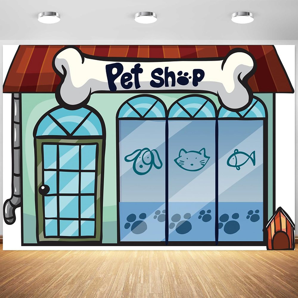 12x8ft Cartoon Pet Shop Backdrop Cute Pets Storefront Photography Background Kids 1st Birthday Baby Shower Party Video Wallpaper Decorations Supplies Photo Booth Props