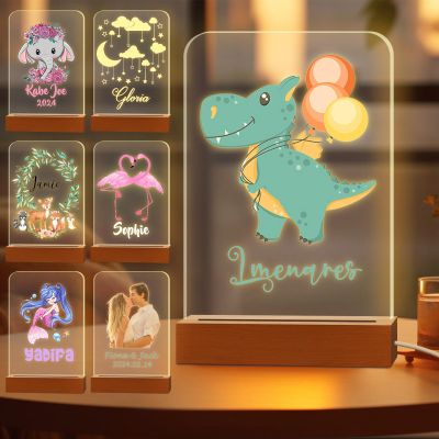 Greaxid Personalized Night Light for Kids Custom Engraved Name Acrylic LED Lights with Wood Base for Nursery Bedroom Decor Night Lamp, Customized Birthday Gifts for Boy,Dinosaur