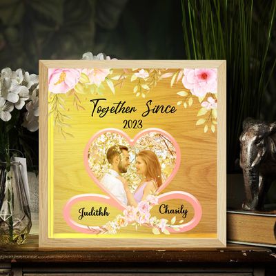 Together Since 2023 Picture Frame Light Box Personalized Couple Name Photo Shadow Box with Warm LED Lights Flower Infinite Heart Wooden Memory Box Valentine's Day Decor Gift for Lover Girlfriend Wife