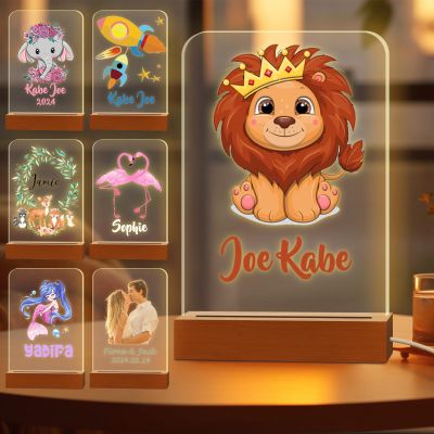 Greaxid Personalized Night Light for Kids Custom Engraved Name Acrylic LED Lights with Wood Base for Nursery Bedroom Decor Night Lamp, Customized Birthday Gifts for Boy,Lion