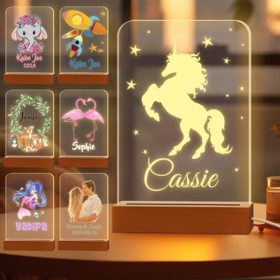 Greaxid Personalized Night Light for Kids Custom Engraved Name Acrylic LED Lights with Wood Base for Nursery Bedroom Decor Night Lamp, Customized Birthday Gifts for Girl,Unicorn