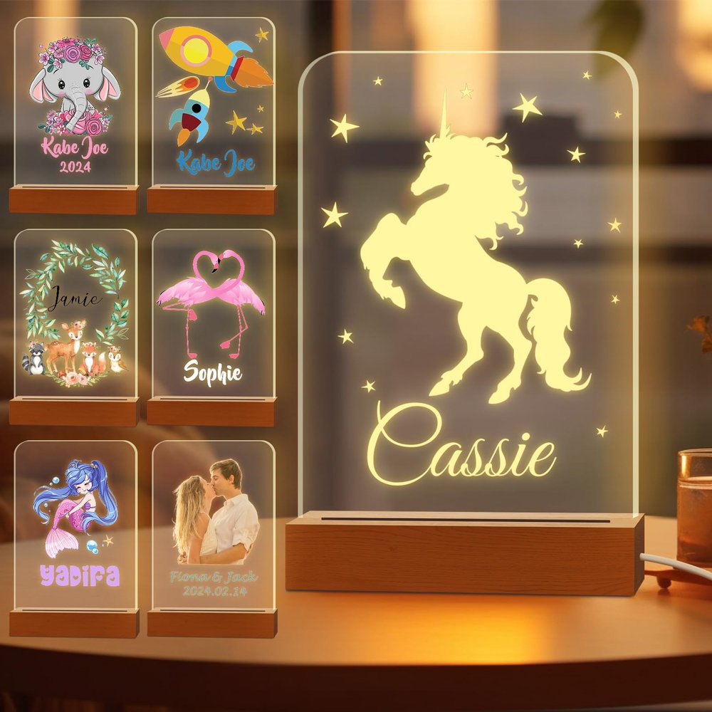 Greaxid Personalized Night Light for Kids Custom Engraved Name Acrylic LED Lights with Wood Base for Nursery Bedroom Decor Night Lamp, Customized Birthday Gifts for Girl,Unicorn