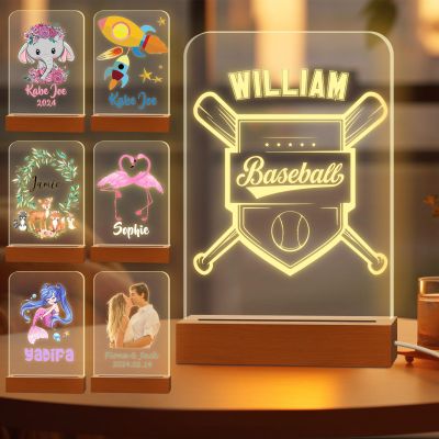 Greaxid Personalized Night Light for Kids Custom Engraved Name Acrylic LED Lights with Wood Base for Nursery Bedroom Decor Night Lamp, Customized Birthday Gifts for Boy,Baseball