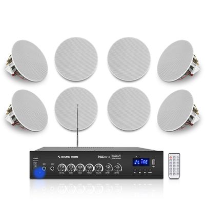 Sound Town Commercial Restaurant Bluetooth Amplifier + in-Ceiling Speaker Set, with One 2-Zone 70V/100V Amplifier with Bluetooth, 8 x Two-Way 4.5-Inch in-Ceiling Speakers, White (PAC80X8CS4N)