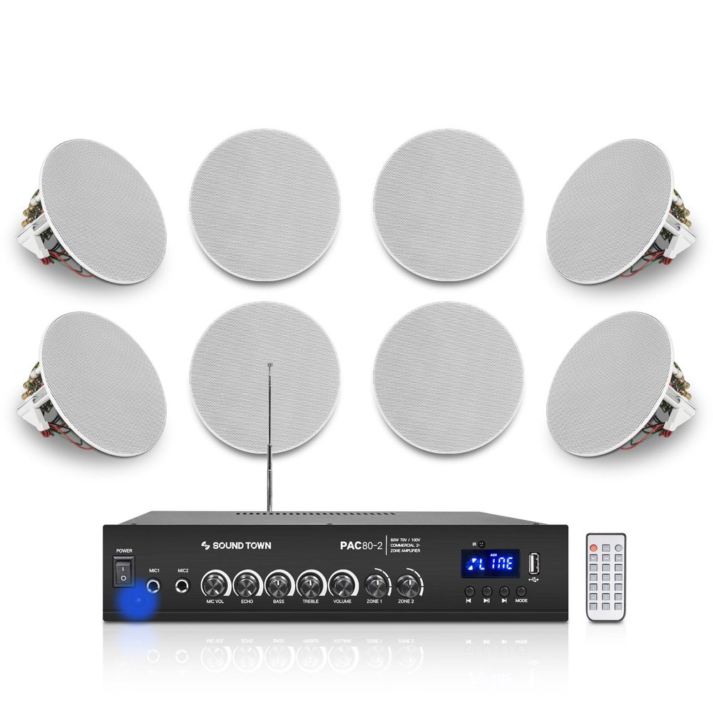 Sound Town Commercial Restaurant Bluetooth Amplifier + in-Ceiling Speaker Set, with One 2-Zone 70V/100V Amplifier with Bluetooth, 8 x Two-Way 4.5-Inch in-Ceiling Speakers, White (PAC80X8CS4N)