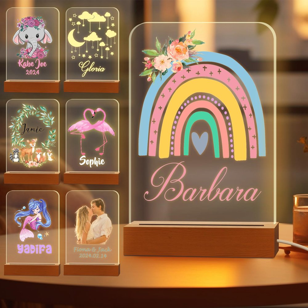 Greaxid Personalized Night Light for Kids Custom Engraved Name Acrylic LED Lights with Wood Base for Nursery Bedroom Decor Night Lamp, Customized Birthday Gifts for Boy and Girl,Rainbow