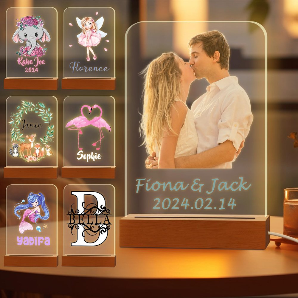 Greaxid Personalized Photo Night Light for Kids Custom Engraved Name Acrylic LED Lights with Wood Base for Nursery Bedroom Decor Night Lamp, Customized Birthday Gifts for Boy and Girl