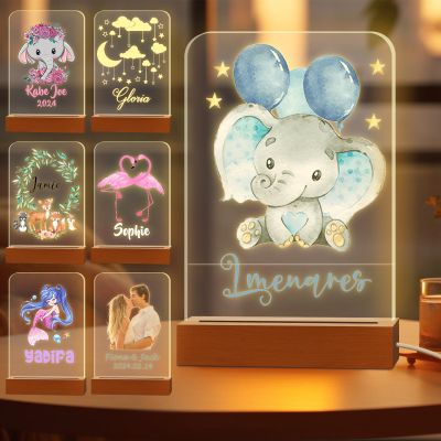 Greaxid Personalized Night Light for Kids Custom Engraved Name Acrylic LED Lights with Wood Base for Nursery Bedroom Decor Night Lamp, Customized Birthday Gifts for Boy,Elephant